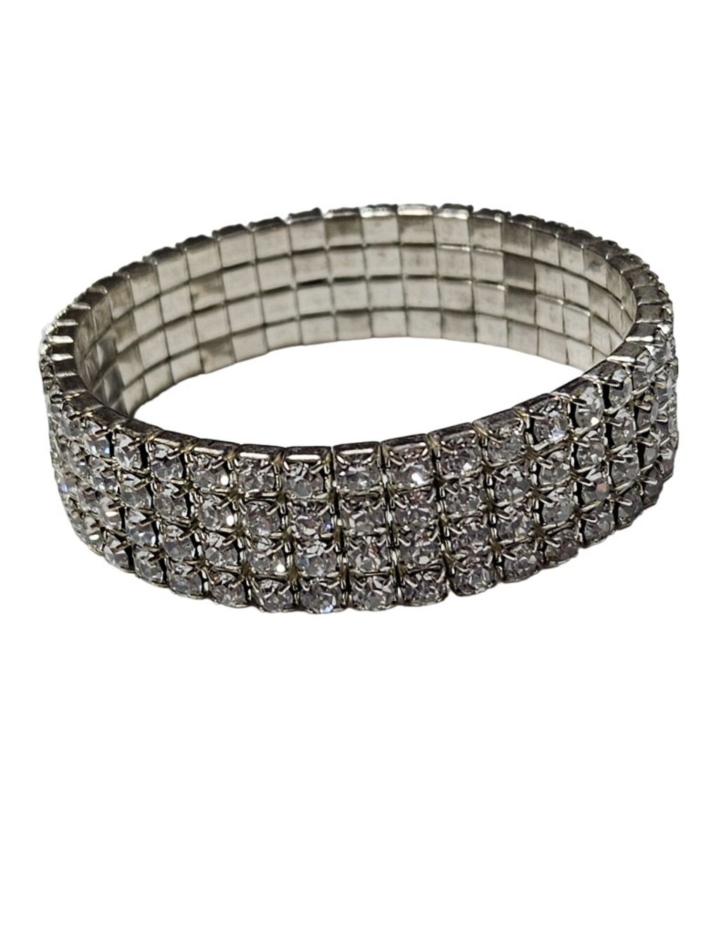 Elegant Rhinestone Stretch Bracelet Silver Tone 4 Strand Stacked Fashion Jewelry